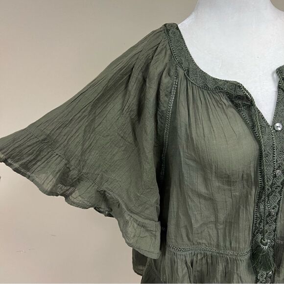 J jill olive green boho flare sleeve cotton top. Size M/L - Picture 3 of 9